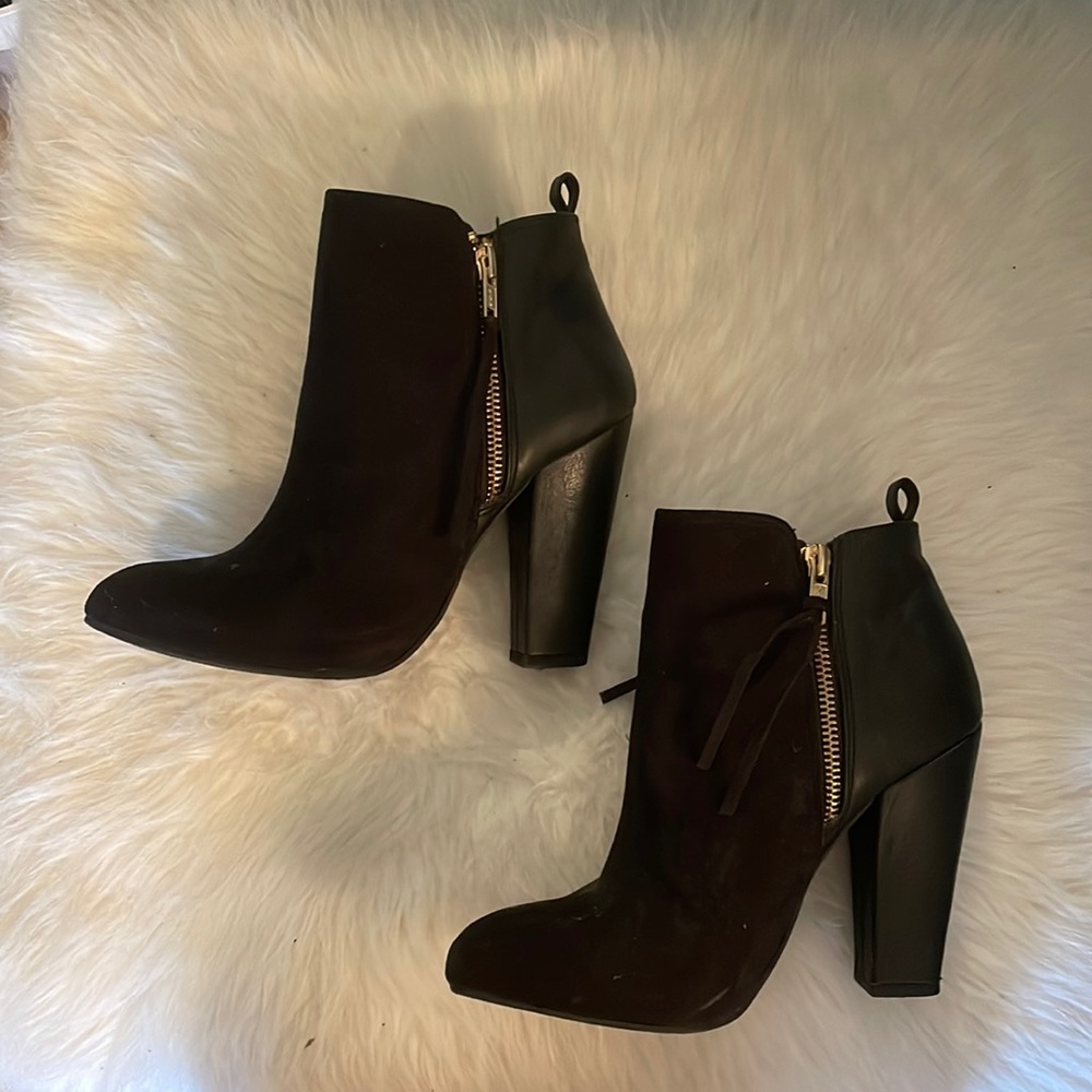 Black Heeled Booties with Gold Zipper Detail